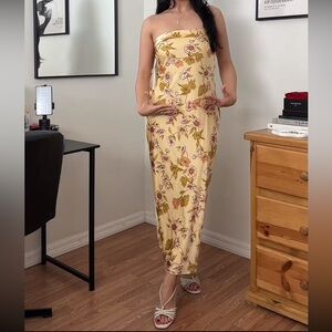 Olive green floral strapless dress